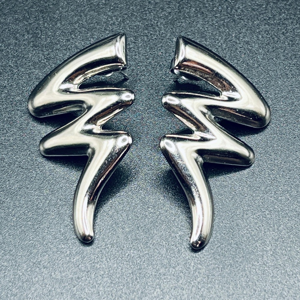 Vintage Avon Lightning Struck Twice Zigzag Abstract Silver Tone Pierced Earrings